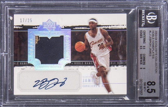 2003-04 UD "Exquisite Collection" Noble Nameplates #LJ LeBron James Signed Game Used Patch Rookie Card (#17/25) – BGS NM-MT+ 8.5/BGS 10